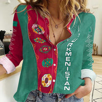Turkmenistan National Symbols Women Casual Shirt with Crescent Moon, Stars, and Traditional Carpet Pattern Design