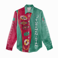 Turkmenistan National Symbols Women Casual Shirt with Crescent Moon, Stars, and Traditional Carpet Pattern Design