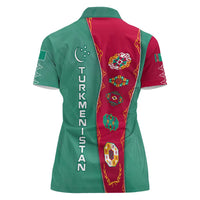 Turkmenistan National Symbols Women Polo Shirt with Crescent Moon, Stars, and Traditional Carpet Pattern Design