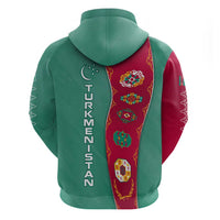 Turkmenistan National Symbols Zip Hoodie with Crescent Moon, Stars, and Traditional Carpet Pattern Design