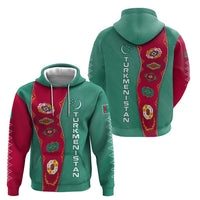 Turkmenistan National Symbols Zip Hoodie with Crescent Moon, Stars, and Traditional Carpet Pattern Design