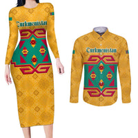 Turkmenistan Traditional Carpet Motif Couples Matching Long Sleeve Bodycon Dress and Long Sleeve Button Shirt with Ethnic Pattern Design
