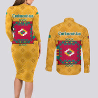 Turkmenistan Traditional Carpet Motif Couples Matching Long Sleeve Bodycon Dress and Long Sleeve Button Shirt with Ethnic Pattern Design