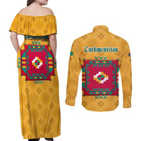 Turkmenistan Traditional Carpet Motif Couples Matching Off Shoulder Maxi Dress and Long Sleeve Button Shirt with Ethnic Pattern Design