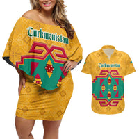 Turkmenistan Traditional Carpet Motif Couples Matching Off Shoulder Short Dress and Hawaiian Shirt with Ethnic Pattern Design