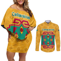 Turkmenistan Traditional Carpet Motif Couples Matching Off Shoulder Short Dress and Long Sleeve Button Shirt with Ethnic Pattern Design