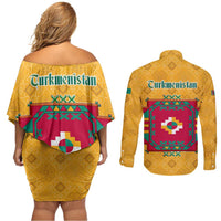 Turkmenistan Traditional Carpet Motif Couples Matching Off Shoulder Short Dress and Long Sleeve Button Shirt with Ethnic Pattern Design