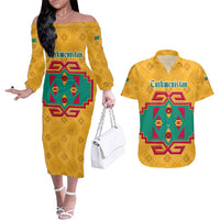 Turkmenistan Traditional Carpet Motif Couples Matching Off The Shoulder Long Sleeve Dress and Hawaiian Shirt with Ethnic Pattern Design