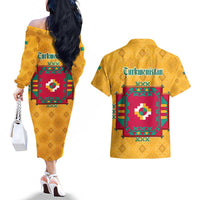 Turkmenistan Traditional Carpet Motif Couples Matching Off The Shoulder Long Sleeve Dress and Hawaiian Shirt with Ethnic Pattern Design