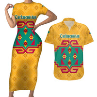 Turkmenistan Traditional Carpet Motif Couples Matching Short Sleeve Bodycon Dress and Hawaiian Shirt with Ethnic Pattern Design