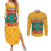 Turkmenistan Traditional Carpet Motif Couples Matching Summer Maxi Dress and Long Sleeve Button Shirt with Ethnic Pattern Design