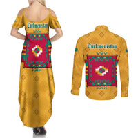 Turkmenistan Traditional Carpet Motif Couples Matching Summer Maxi Dress and Long Sleeve Button Shirt with Ethnic Pattern Design