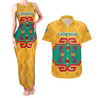 Turkmenistan Traditional Carpet Motif Couples Matching Tank Maxi Dress and Hawaiian Shirt with Ethnic Pattern Design