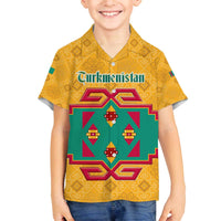 Turkmenistan Traditional Carpet Motif Family Matching Off The Shoulder Long Sleeve Dress and Hawaiian Shirt with Ethnic Pattern Design