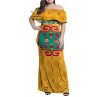 Turkmenistan Traditional Carpet Motif Family Matching Off Shoulder Maxi Dress and Hawaiian Shirt with Ethnic Pattern Design