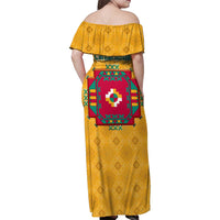 Turkmenistan Traditional Carpet Motif Family Matching Off Shoulder Maxi Dress and Hawaiian Shirt with Ethnic Pattern Design