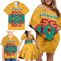 Turkmenistan Traditional Carpet Motif Family Matching Off Shoulder Short Dress and Hawaiian Shirt with Ethnic Pattern Design