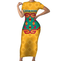 Turkmenistan Traditional Carpet Motif Family Matching Short Sleeve Bodycon Dress and Hawaiian Shirt with Ethnic Pattern Design