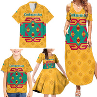 Turkmenistan Traditional Carpet Motif Family Matching Summer Maxi Dress and Hawaiian Shirt with Ethnic Pattern Design