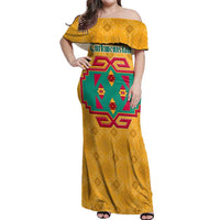 Turkmenistan Traditional Carpet Motif Off Shoulder Maxi Dress with Ethnic Pattern Design