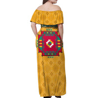 Turkmenistan Traditional Carpet Motif Off Shoulder Maxi Dress with Ethnic Pattern Design