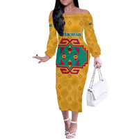 Turkmenistan Traditional Carpet Motif Off The Shoulder Long Sleeve Dress with Ethnic Pattern Design