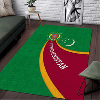 Turkmenistan Green Area Rug with Crescent Moon and State Emblem Design