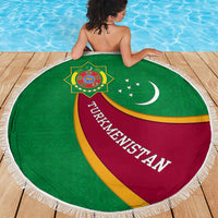 Turkmenistan Green Beach Blanket with Crescent Moon and State Emblem Design