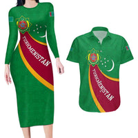 Turkmenistan Green Couples Matching Long Sleeve Bodycon Dress and Hawaiian Shirt with Crescent Moon and State Emblem Design