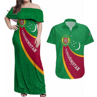 Turkmenistan Green Couples Matching Off Shoulder Maxi Dress and Hawaiian Shirt with Crescent Moon and State Emblem Design