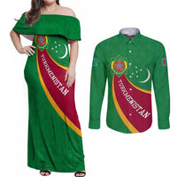 Turkmenistan Green Couples Matching Off Shoulder Maxi Dress and Long Sleeve Button Shirt with Crescent Moon and State Emblem Design