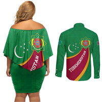 Turkmenistan Green Couples Matching Off Shoulder Short Dress and Long Sleeve Button Shirt with Crescent Moon and State Emblem Design