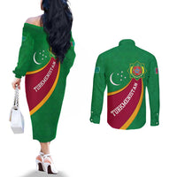 Turkmenistan Green Couples Matching Off The Shoulder Long Sleeve Dress and Long Sleeve Button Shirt with Crescent Moon and State Emblem Design