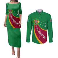 Turkmenistan Green Couples Matching Puletasi and Long Sleeve Button Shirt with Crescent Moon and State Emblem Design