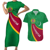 Turkmenistan Green Couples Matching Short Sleeve Bodycon Dress and Hawaiian Shirt with Crescent Moon and State Emblem Design