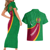 Turkmenistan Green Couples Matching Short Sleeve Bodycon Dress and Hawaiian Shirt with Crescent Moon and State Emblem Design