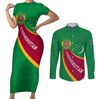 Turkmenistan Green Couples Matching Short Sleeve Bodycon Dress and Long Sleeve Button Shirt with Crescent Moon and State Emblem Design