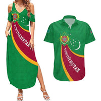 Turkmenistan Green Couples Matching Summer Maxi Dress and Hawaiian Shirt with Crescent Moon and State Emblem Design