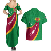 Turkmenistan Green Couples Matching Summer Maxi Dress and Hawaiian Shirt with Crescent Moon and State Emblem Design
