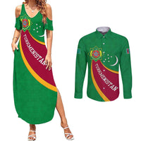 Turkmenistan Green Couples Matching Summer Maxi Dress and Long Sleeve Button Shirt with Crescent Moon and State Emblem Design