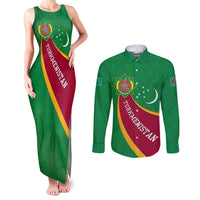 Turkmenistan Green Couples Matching Tank Maxi Dress and Long Sleeve Button Shirt with Crescent Moon and State Emblem Design