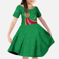 Turkmenistan Green Family Matching Off The Shoulder Long Sleeve Dress and Hawaiian Shirt with Crescent Moon and State Emblem Design