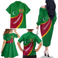 Turkmenistan Green Family Matching Off The Shoulder Long Sleeve Dress and Hawaiian Shirt with Crescent Moon and State Emblem Design