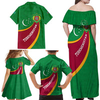 Turkmenistan Green Family Matching Off Shoulder Maxi Dress and Hawaiian Shirt with Crescent Moon and State Emblem Design