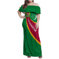 Turkmenistan Green Family Matching Off Shoulder Maxi Dress and Hawaiian Shirt with Crescent Moon and State Emblem Design