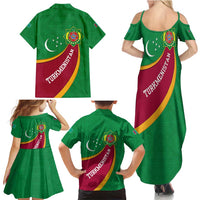 Turkmenistan Green Family Matching Summer Maxi Dress and Hawaiian Shirt with Crescent Moon and State Emblem Design