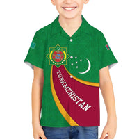 Turkmenistan Green Family Matching Summer Maxi Dress and Hawaiian Shirt with Crescent Moon and State Emblem Design