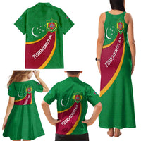 Turkmenistan Green Family Matching Tank Maxi Dress and Hawaiian Shirt with Crescent Moon and State Emblem Design