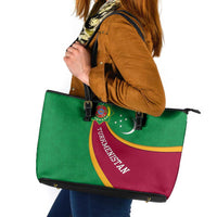 Turkmenistan Green Leather Tote Bag with Crescent Moon and State Emblem Design