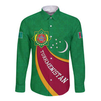 Turkmenistan Green Long Sleeve Button Shirt with Crescent Moon and State Emblem Design